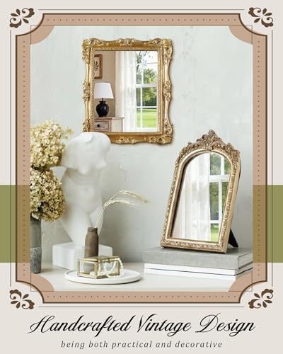 Wonderjune 3 Pcs Vintage Gold Mirror Set Wall Decorative, 8-15in Vintage Wall Mirror Hanging Antique Hanging with Stand for Living Room Home Wedding Decor(Retro Mixed Style, 12in/10in/8in) - Image 4