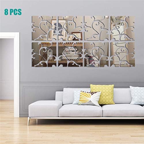 3D Mirror Wall Stickers, Acrylic Square Geometric Pattern DIY Art Decals, Self Adhesive Mirror Plastic Wall Sheet Tiles Home Decoration for Living Room Bedroom Stair Wall Decor (Floral- 8pcs) - Image 2
