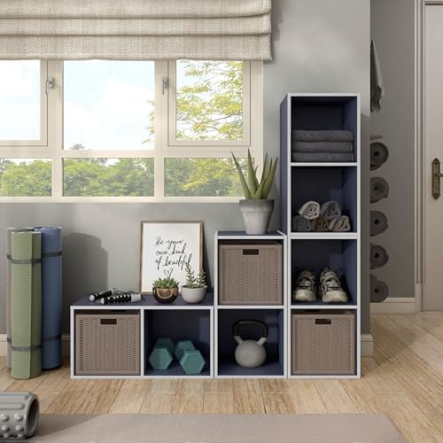 Homes: Inside + Out Apexa 2-Cube Storage Organizer Shelves, Stackable Wood Bookcase Fits Cubby Bins for Organization, Dorm Teen Room Decor & Home Office, Steel Blue - Image 2