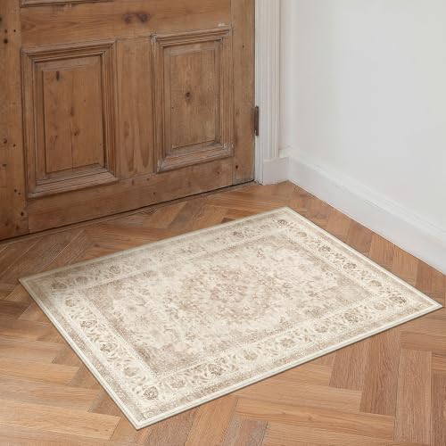 2x3 Beige Washable Area Rug Non Slip Vintage Carpet by WondRg