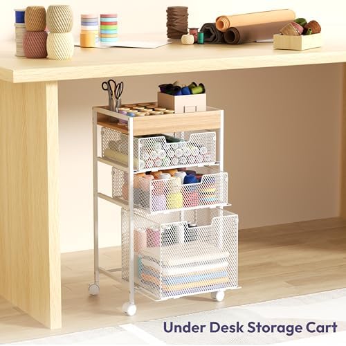 SWTYMIKI Rolling File Cart with Drawers - 4 Tier Under Desk Storage Craft Rolling Organizer Cart - Office Storage &Organization, Mobile Metal Filing Cabinet for Office and Home White - Image 4