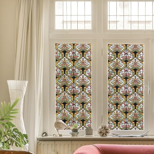 3D Vintage Stained Glass Window Film with Tools, Decorative Window Privacy Film for Room/Door/Home Decor, Amber Tracery, 16.93’’X47.24’’(43X120CM) - Image 3