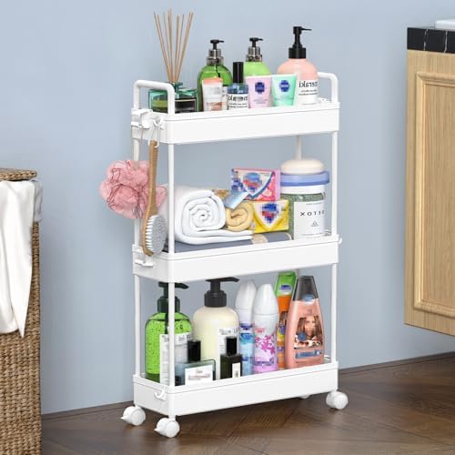 SOLEJAZZ Slim Rolling Storage Cart Skinny Bathroom Organizer, 3 Tier, White by SOLEJAZZ