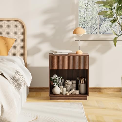 Fluted Nightstands Set of 2, Modern Bedside Table with Storage Drawer and Open Wood Shelf, Wood End Table Mid Century Night Stands for Bedroom Living Room Sofa Couch Office Walnut Brown - Image 7