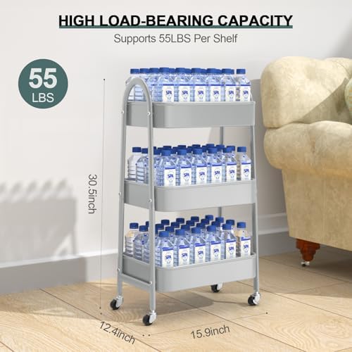 EAGMAK 3 Tier Utility Rolling Cart, Metal Storage Cart with Handle and Lockable Wheels, Multifunctional Storage Organizer Trolley with Mesh Baskets for Kitchen, Living Room, Office, Garage (Grey) - Image 6