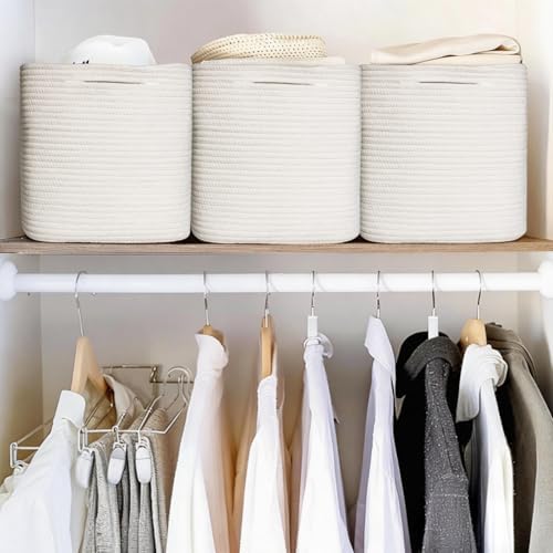 11x11x11 Cube Storage Bin - 3 Pack Woven Storage Cubes Organizer, 11 Inch White Cotton Rope Baskets for Organizing, Square Baskets for Shelves, Nursery Closet Bins, Cubby Toy Box Organizer - Image 4