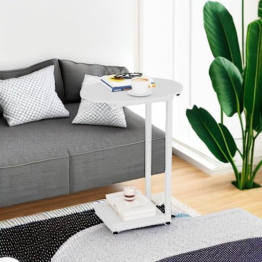 Hosfais Small Side Table End Table, C Shaped Oval Coffee Table, Wooden TV Tray for Living Room, Bedroom, Couch, Small Spaces (White) - Image 5