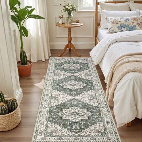 Hallway Runner Rug: 2.6x8 Kitchen Rugs for Living Room Green Ivory - Image 3