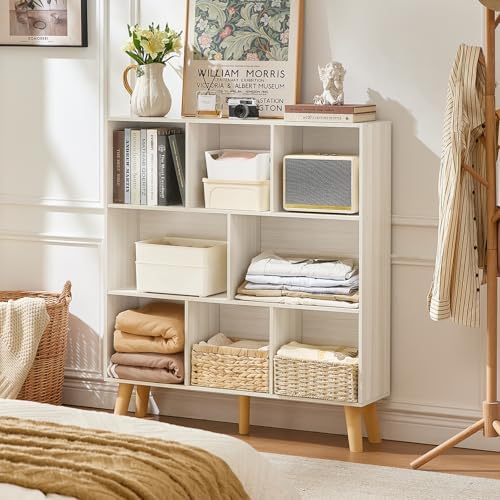 LEYAOYAO 8 Cube Bookshelf,Mid-Century Modern Bookcase with Legs,Light Grey - Image 6
