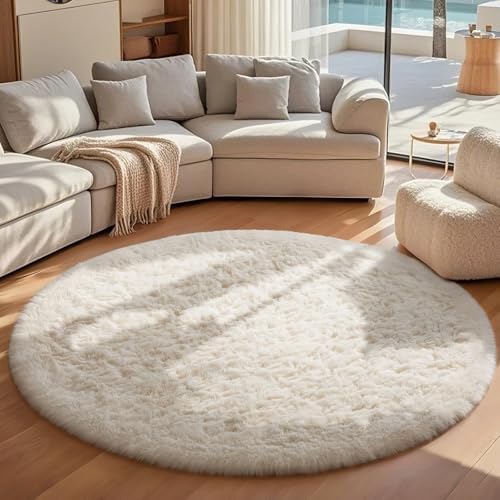 Ophanie Round Rugs 7Ft Ivory Circle Area Rug Washable, Living Room Aesthetic Decor, Fluffy Fuzzy Bedroom Carpet, Plush Soft Shaggy Cream Rugs for Kids Home Decor, Nursery with Over 99 pcs Pile fibers - Image 5