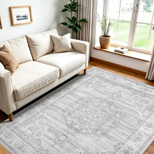 Washable Area Rugs 5x6 Entryway: Soft Ultra Thin Low Pile Mat Machine Washable Indoor Doormat Lightweight Entry Rug Anti Slip Backing Rugs for Living Room Bedroom Kitchen 5'x6' Light Grey by YOUFORTONG