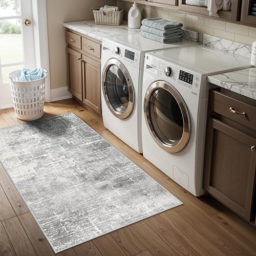 Washable 2x4 Entryway Area Rugs: Non-Slip Abstract Water Resistant Kitchen Rug Durable Doormat Soft Bedroom Carpet Indoor Low Pile Floor Mat for Bathroom Dining Room Hallway Runners(2x4,Light/Grey) - Image 5