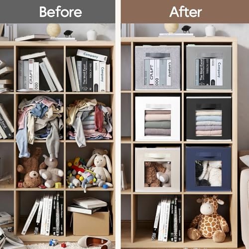 Homsorout Foldable Storage Cubes - Cubby Storage Organizer with Window, Decorative Fabric Bins for Clothes Storage, Closet Organizers for Shelves, 11inch, Set of 8, Light Grey - Image 6