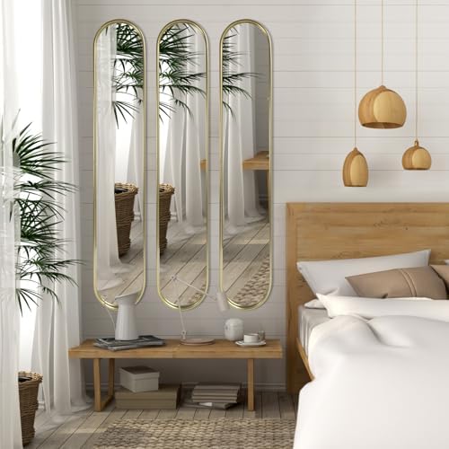 OUSHUAI Gold Tall Mirror,Narrow Capsule Long Mirrors with Metal Frame for Entryway,Hallway,Living Room 44"X8" (3pcs) - Image 3