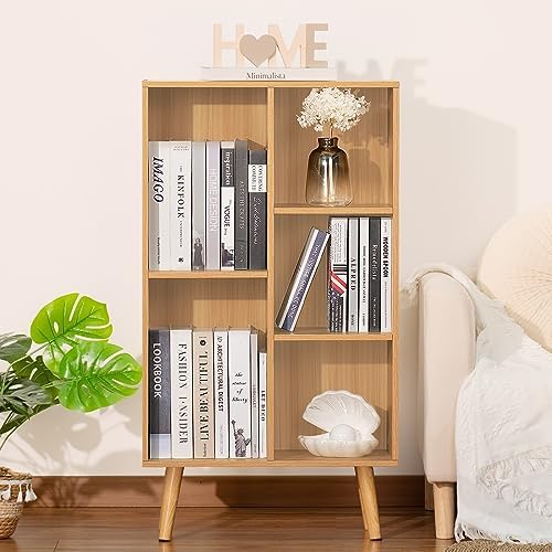LEYAOYAO 5 Cube Bookshelf, Mid-Century Modern Book Shelf with Legs, Natural - Image 3