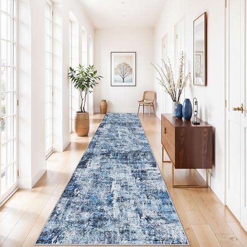 3x12 ft Long Hallway Runner Rug - Non-Slip Washable Kitchen Rug with Rubber Backing,Modern Abstract Neutral Thin Low Pile Floor Carpet Runner for Entryway,Bedroom,Living Room（Blue） by ZHXXUJ