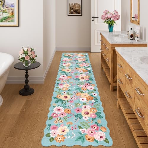 DUKINO 2x8 Washable Runner Rug, Floral Non Slip Kitchen Runner Rug, Teal - Image 5