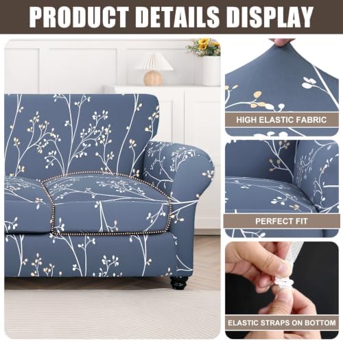 SearchI Stretch Sofa Cover Printed Couch Cover, Floral Pattern 3 Pieces Loveseat Slipcover with 2 Separate Cushion Cover, Washable Furniture Protector for Living Room(Loveseat, Gray Blue) - Image 4