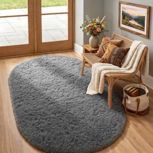 Ophanie 4x6 Oval Grey Rugs for Bedroom Living Room, Fluffy Fuzzy Furry Carpet, Plush Soft Shaggy Bedside Indoor Floor Area Rug for Girls Boys Teen Dorm Decor with Over 99 pcs Pile fibers - Image 3