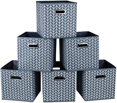 Fabric Cloth Storage Bins,Fabric Cube Organizer with Dual Handles Foldable Cube Storage Baskets for Home Bedroom Storage,Set of 6,(Grey Wave) by SEVENDOME