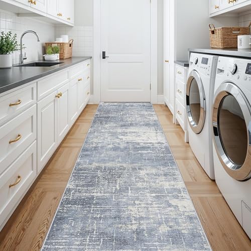 Washable Abstract 14ft Runner Rug: Non-Slip Low-Pile Rug Runner Soft Beside Carpet Indoor Farmhouse Entryway Floor Mat Bathroom Living Room Stain Resistant Area Rugs Cozy Home Decor(2'6x14,Blue/ivory) - Image 5