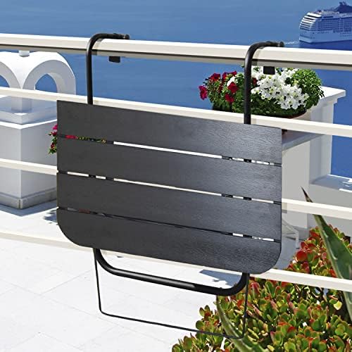 Balcony Table Hanging Deck Railing Table Outdoor Balcony Bar Tables for Railings Aluminium Folding Adjustable for Patio Deck Garden Baluster Windows 23.6" x 15.7", All Weather Space Saving Black - Image 3