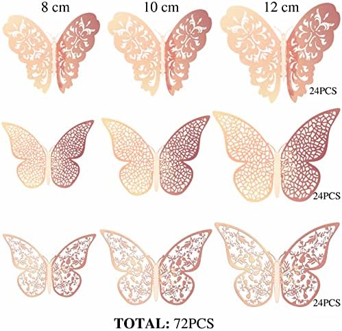 Bememo 72 Pcs 3D Butterfly Wall Decals, 3 Sizes,Rose Gold | Metallic Hollow Design for Bedroom Living Room, Removable Adhesive Wall Decor, Easy Peel Stick Party Decoration Stickers - Image 4