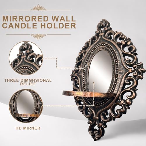 2 Set Vintage Candle Wall Sconce for Home Decor Living Room Bedroom Office Wood Antique Mirrored Victorian Mounted Candlestick Wall Holder Relief Hanging Decor -Brown 11.8in - Image 3
