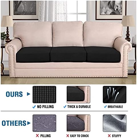 H.VERSAILTEX Super Stretch Individual Seat Sofa Covers Couch Slipcover Sets Thick Jacquard Textured Twill Fabric (3 Piece XL Cushion Covers, Black) - Image 2