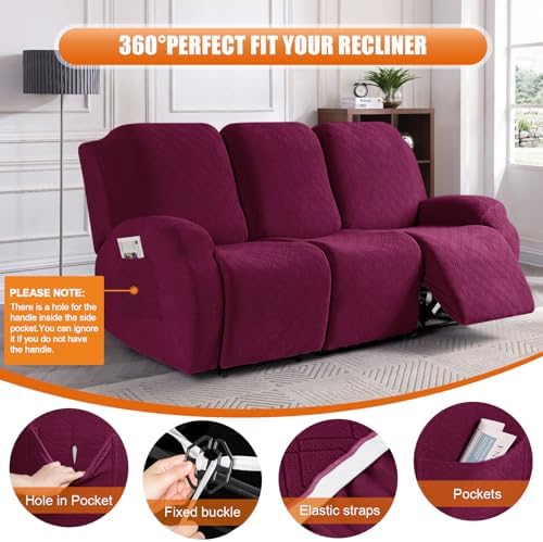 VANSOFY Stretch Recliner Couch Cover, Slipcover, Burgundy, 3 Seater - Image 5