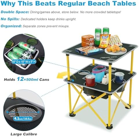 Folding Camping Table with 4 Cup Holders, Lightweight Portable Beach Outdoor Picnic Table, Square Camp Table with Built-in Food Basket Travel Bag for BBQ, Camping, Tailgate - Image 5
