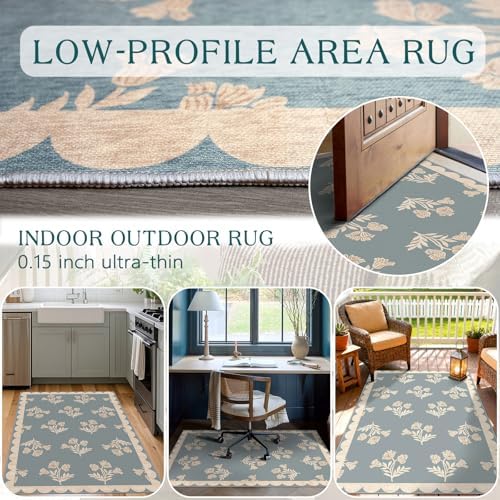 3x5 Floral Entry Rug - Small Washable Indoor Outdoor Mats for Front Door Non-Slip Porch Rug Blue Boho Farmhouse Scalloped Throw Rugs for Living Room Bedroom Entryway Kitchen Office Porch Decor - Image 6