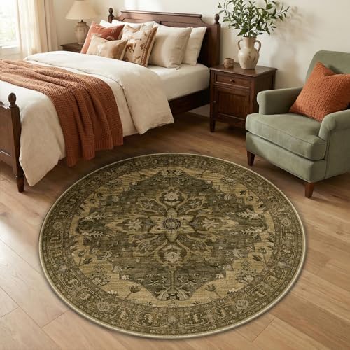 RELEANY Washable Area Rug, Round 4ft, Brown/Dark Brown by RELEANY
