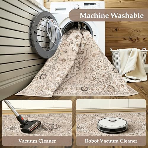 Washable 2'6x12 Hallway Runner Rugs, Vintage Non-Slip Low Pile Rugs Beige - Image 4