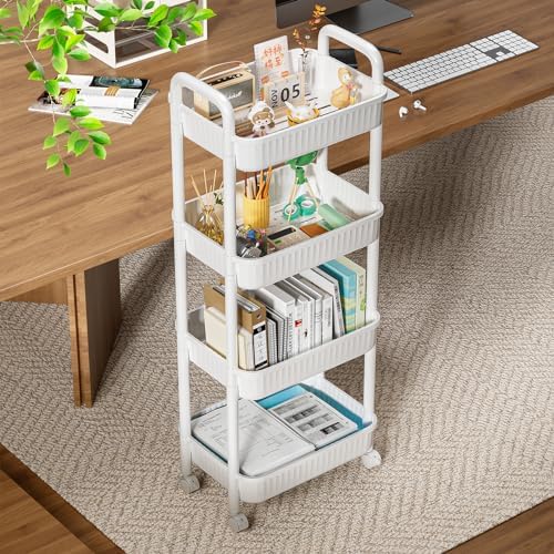 JOYZAN 4 Tier Rolling Carts with Wheels, Utility Cart with Handle and Locking Caster, Storage Cart for Kitchen, Office, Bedroom, Suitable for Diaper, Art Tools, Snack, Craft Storage Cabinet, White - Image 6