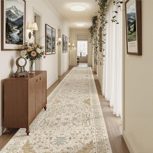 Madane Hallway Runner Rug 3x20 Washable Kitchen Runners 20ft, Beige/Blue - Image 2