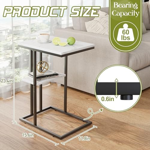 C Shaped End Side Table, Couch Sofa Table for Small Space, Black Snack Table with Metal Frame, TV Tray Table for Bed, Living Room, Bedroom, Bedside(White Marble) - Image 2