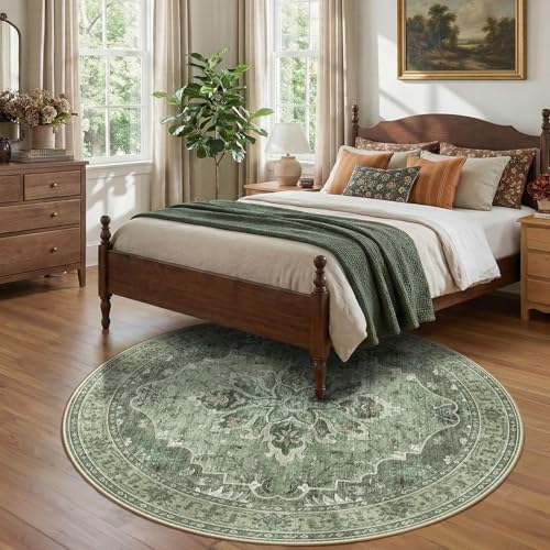 RELEANY Washable Area Rug, Round 7ft, Green/Dark Green/Gray - Image 2