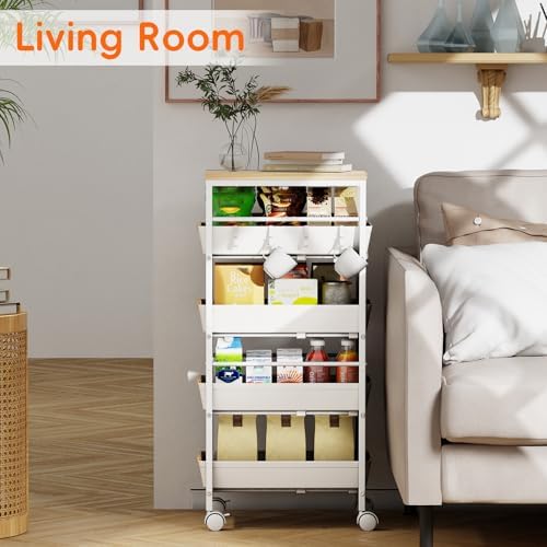 5-Tier Kitchen Storage Cart, Wood Top Rolling Cart Organizer with Pull-Out Baskets & Wheels, Metal Snack Cart with Holder for Fruit, Vegetable, Microwave, Kitchen, Pantry, White - Image 4
