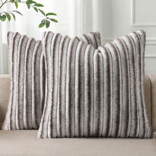 Pallene Faux Fur Decorative Throw Pillow Covers 18x18 Set of 2, Ombre Brown by PALLENE