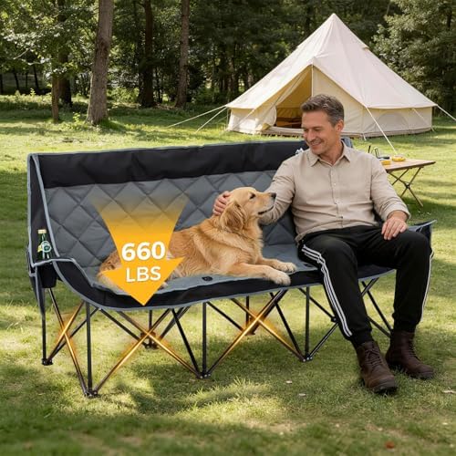 Padded 3 Person Camping Chair, Oversized Camping Couch Support 660lb, Black - Image 4