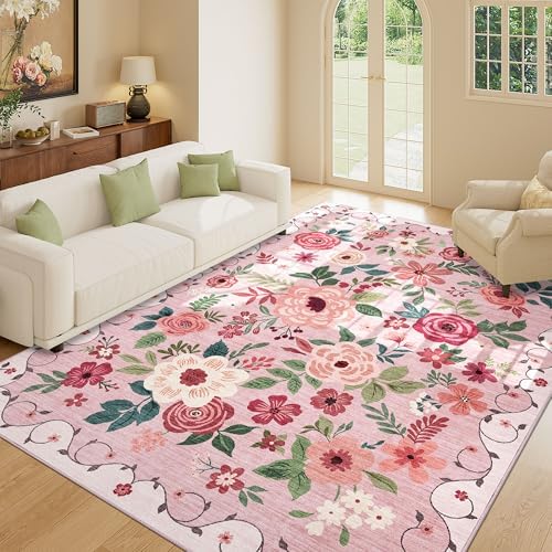 DUKINO 8x10 Area Rugs, Floral Washable Living Room Rug Non Slip, Pink - Image 4
