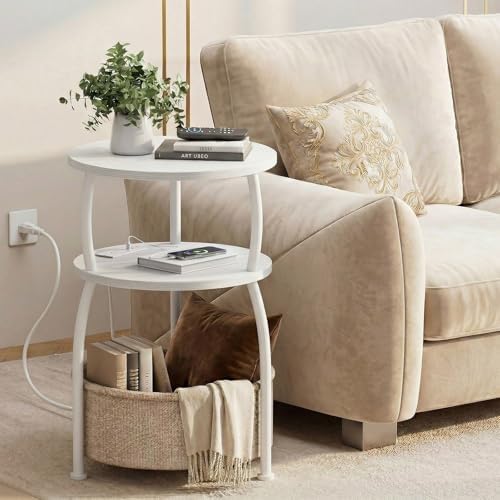 Round Side Table with Charging Station, USB Type C Port, White - Image 6