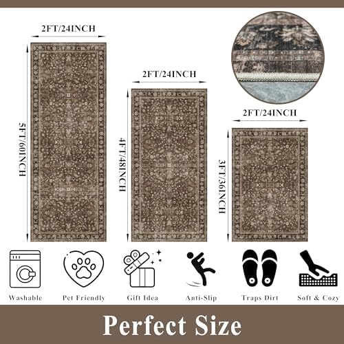 Washable Non-Skid 3 Piece Kitchen Rugs Set – Modern Boho Floral Low-Pile Area Rugs and Runner for Entryway, Bathroom, Hallway – Decorative Small Indoor Rugs (Brown, 2x3+2x4+2x5) - Image 2