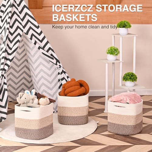 ICERZCZ 11 Inch Cube Storage Bins, Storage Cube Organizer Bins, Woven Cotton Rope Baskets for Storage, Storage Basket for Organizing Shelves, Square Baskets for Toys, Gradient Brown (Pack of 3) - Image 6