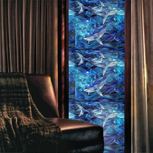 Under the Sea Shark Blue Sea Wave Geometric Stained Glass Window Films Decorative Double-Side Privacy Film Self-Adhesive Static Clings for Living Room Bathroom Glass Windows Decor - Image 2
