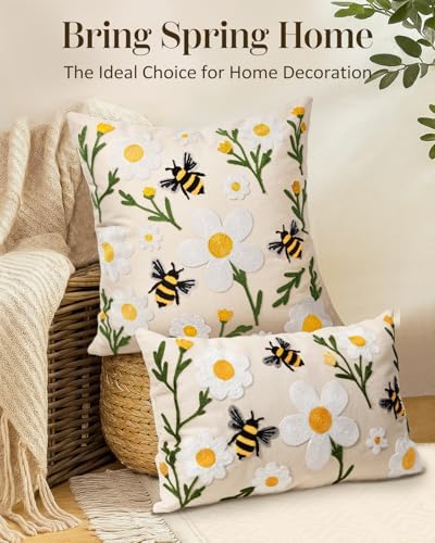 Embroidered Throw Pillow Cover 20x20 Inch, Flower Bee - Image 5
