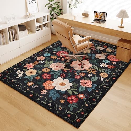 DUKINO 4x6 Area Rug, Floral Washable Office Rug Non Slip Chair Mat, Black by DUKINO