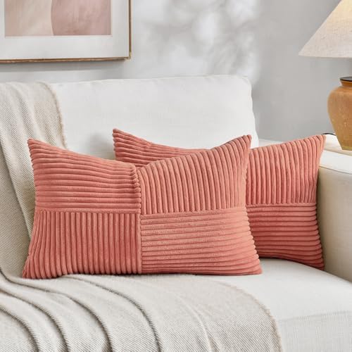 Fancy Homi 2 Packs Coral Lumbar Decorative Throw Pillow Covers 14x24 Inch for Living Room Couch, Rustic Farmhouse Boho Home Decor, Soft Striped Corduroy Rectangle Accent Peach Cushion Case 35x60 cm by Fancy+Homi