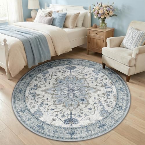 RELEANY Washable Area Rug, Round 5ft, Blue/White/Gray - Image 2